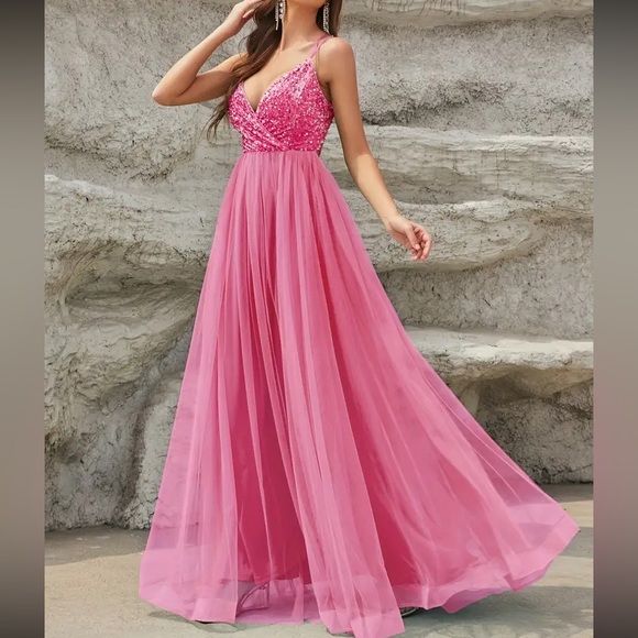 Luxe lace up back mesh sequins bodice party formal prom wedding gown dress - Picture 8 of 16